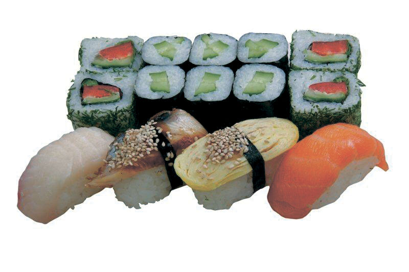 суши: с лососем, с угрём, с окунем, с омлетом; роллы: овощной, с огурцом, 340 гр.